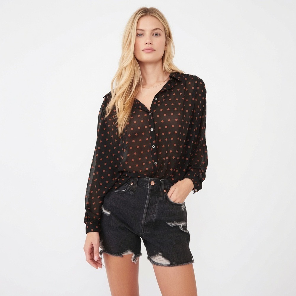 Free People Ciara Button Up Sheer Polka Dot Top Blouse Size XS Boho‎ Long Sleeve